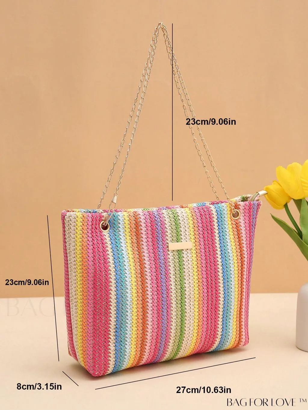 BagForLove - Stylish Colorblock Straw Bag with Metal Detail Chain - Ideal for Summer Beach Travel