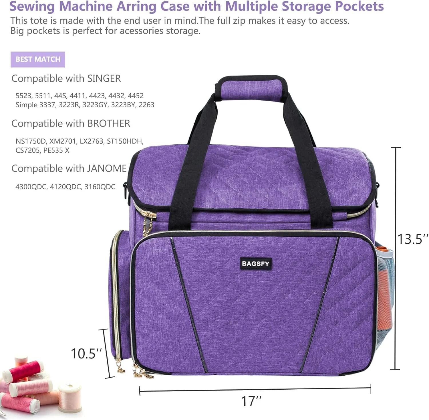 BAGSFY Large Sewing Machine Carrying Case, Sewing Machine Bag, Travel Tote Bag Compatible with Singer, Brother, Bernina & Standard Size Sewing Machines.