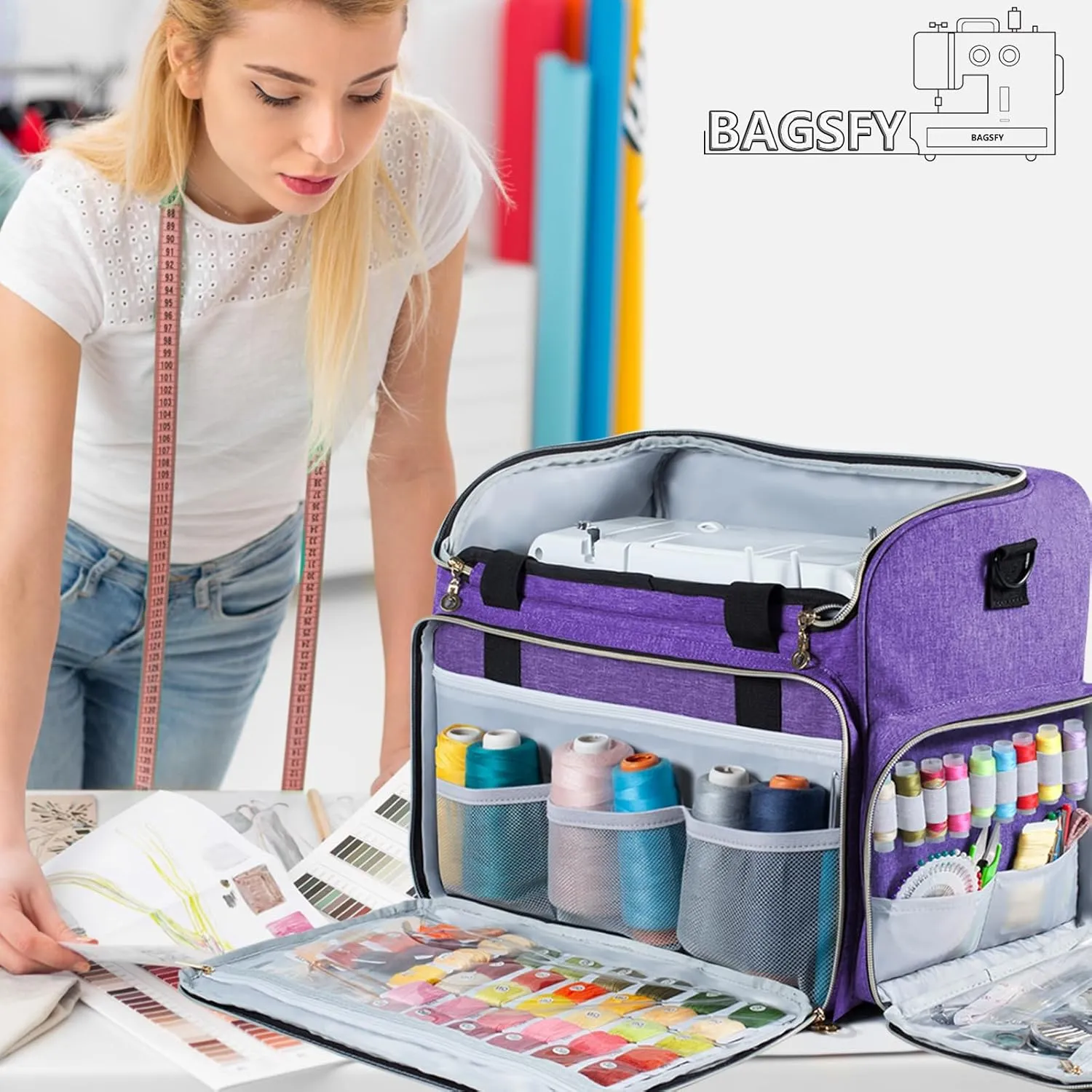 BAGSFY Large Sewing Machine Carrying Case, Sewing Machine Bag, Travel Tote Bag Compatible with Singer, Brother, Bernina & Standard Size Sewing Machines.
