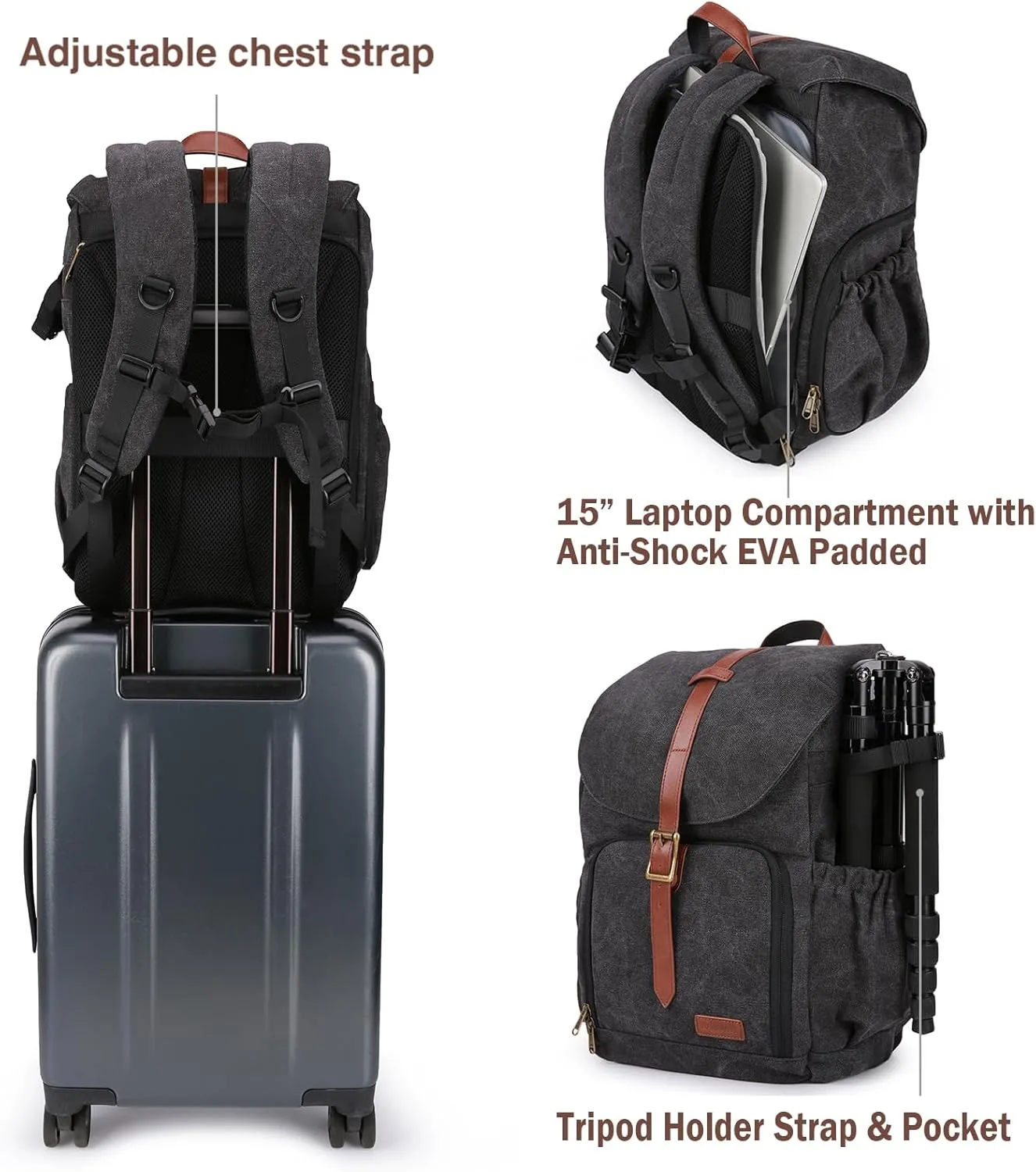 BAGSMART Camera Backpack, DSLR SLR Waterproof Camera Bag Backpack, Anti-Theft Photography Backpack with 15 Inch Laptop Compartment, Tripod Holder & Rain Cover, Black