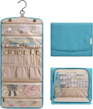 BAGSMART Travel Hanging Jewelry Organizer Case Foldable Jewelry Roll with Hanger for Journey Rings, Necklaces, Bracelets, Earrings, Teal