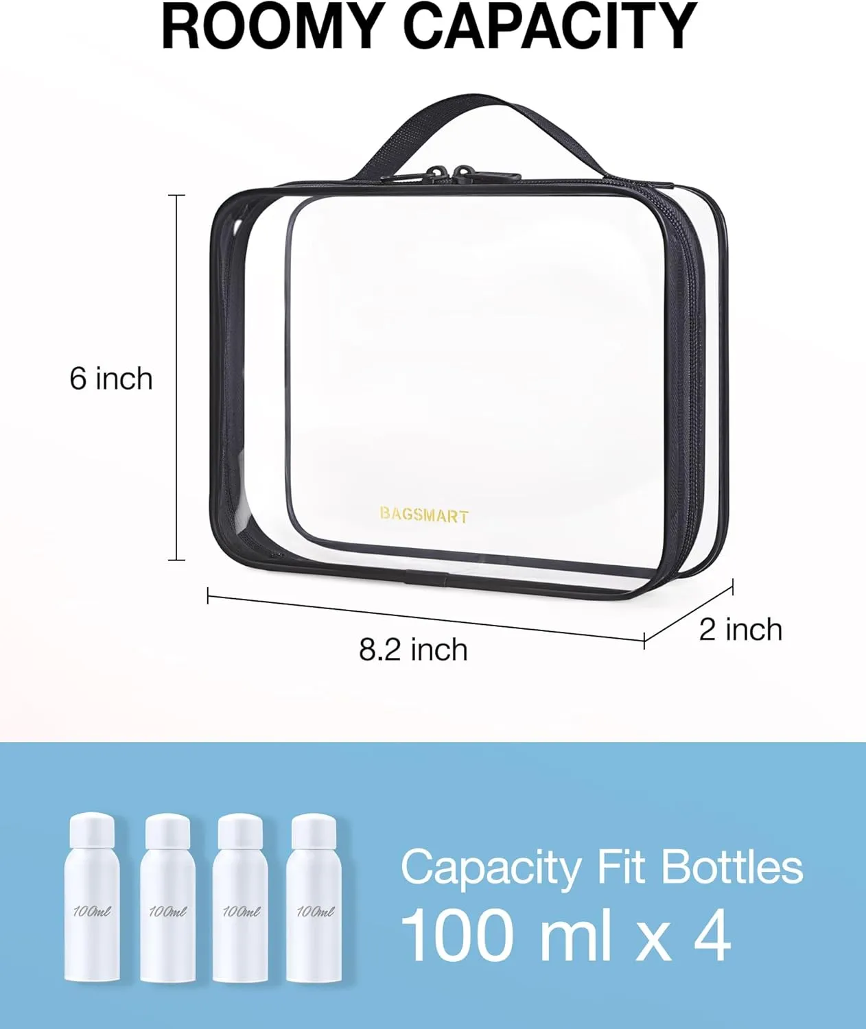 BAGSMART TSA Approved Clear Toiletry Bag, 2 Packs Quart Size Water Resistant Makeup Cosmetic Bags for Women, Airport Airline Travel Essential Carry On Organizer with Handle Large Opening, Black