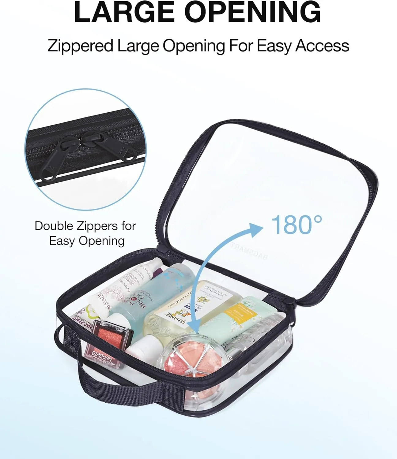 BAGSMART TSA Approved Clear Toiletry Bag, 2 Packs Quart Size Water Resistant Makeup Cosmetic Bags for Women, Airport Airline Travel Essential Carry On Organizer with Handle Large Opening, Black