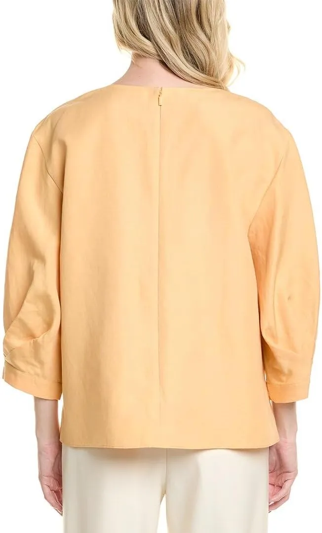 Balloon Sleeve V-Neck Silk & Linen-Blend Blouse