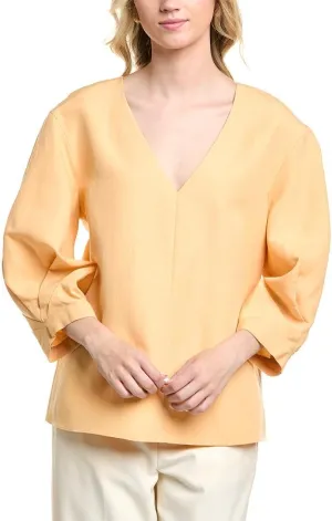 Balloon Sleeve V-Neck Silk & Linen-Blend Blouse
