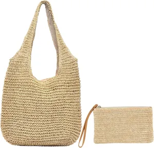 Beach Bag Straw Purses for Women Summer Woven Beach Tote Bag with Straw Clutch
