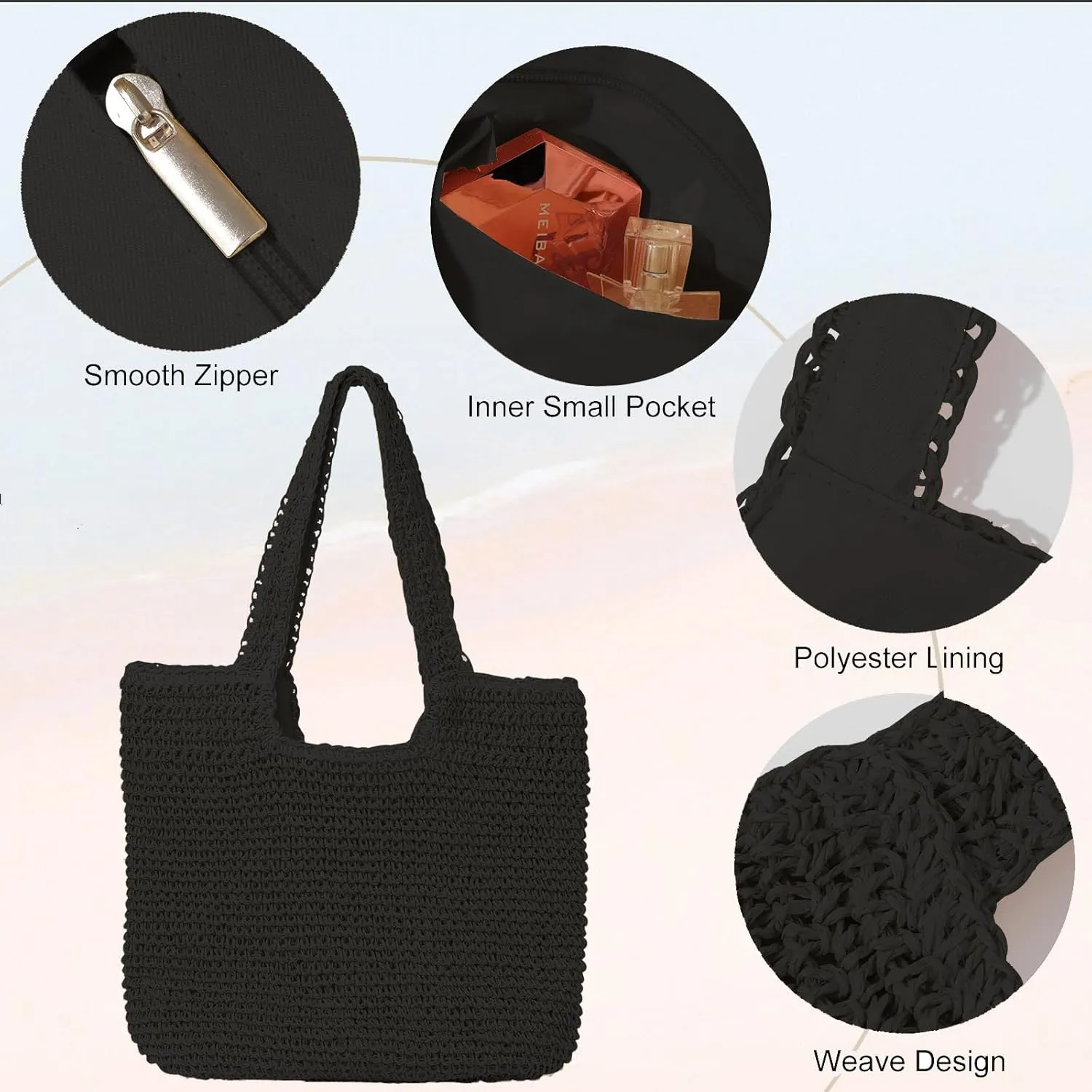 Beach Bags for Women - Summer Soft Large Woven Shoulder Purse Handbag, Beach Tote Straw Bag for Summer Vacation