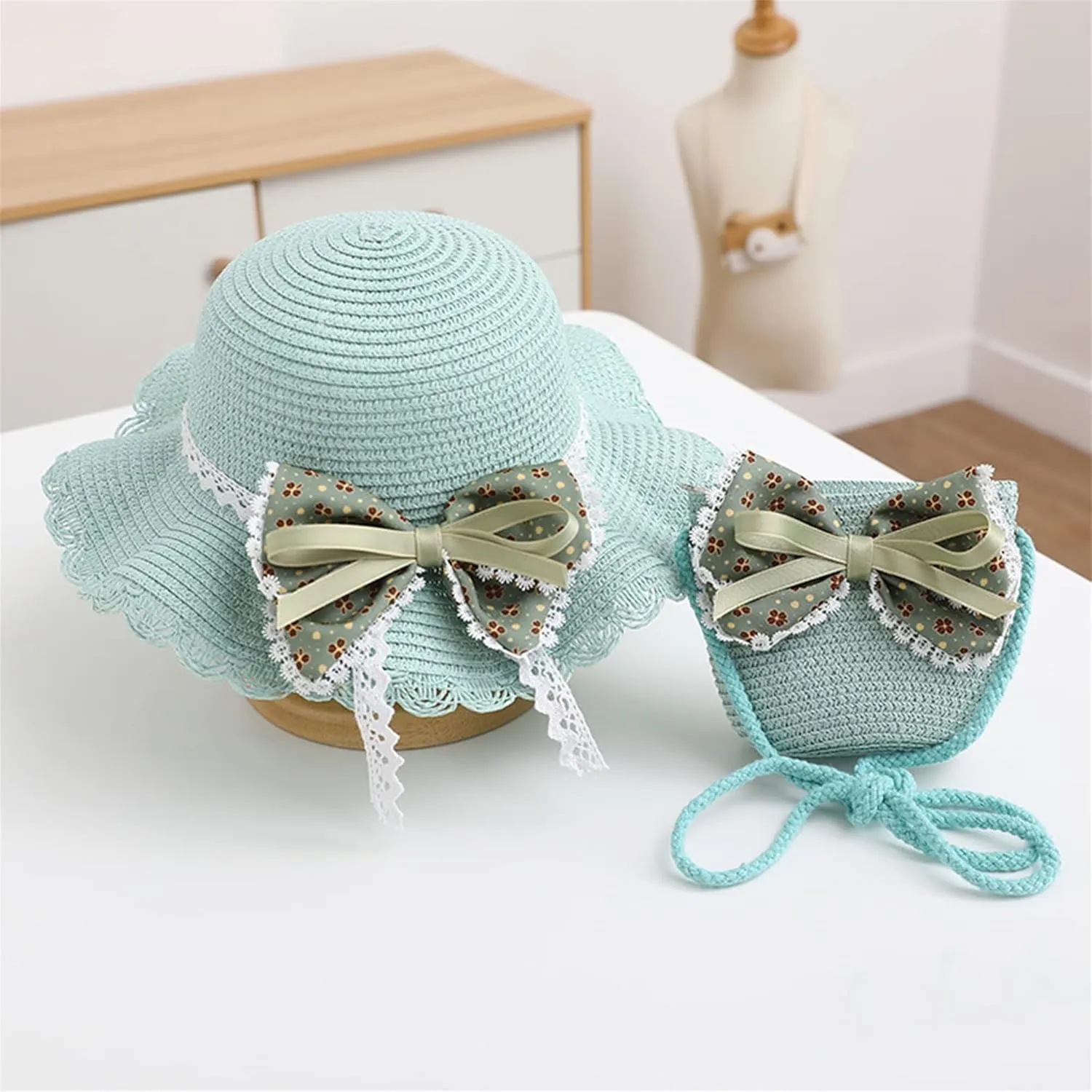 Beach Hats for Toddler Girls Straw Hat with Shoulder Bag Kids Bow Hats Set Little Girl Sun Hat