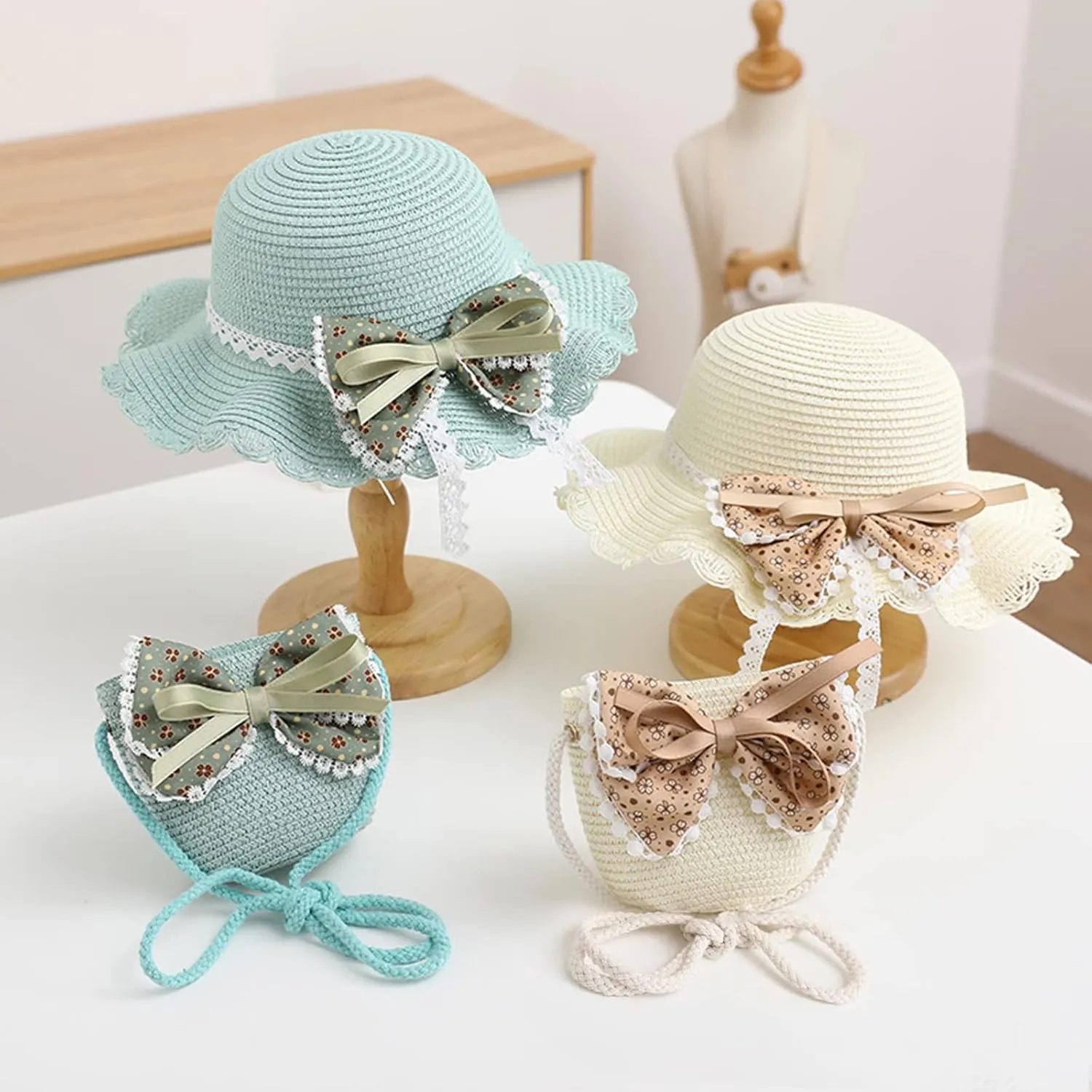 Beach Hats for Toddler Girls Straw Hat with Shoulder Bag Kids Bow Hats Set Little Girl Sun Hat