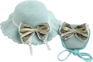 Beach Hats for Toddler Girls Straw Hat with Shoulder Bag Kids Bow Hats Set Little Girl Sun Hat