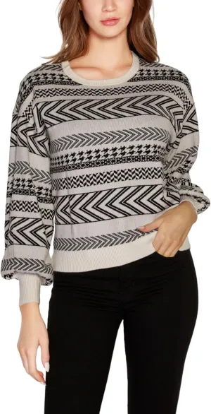 Belldini Women's Kaily K Abstract Patterned Sweater (Winter White/Black, Small)
