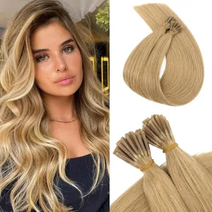 Benehair I Tip Hair Extensions Human Hair Blonde Straight Remy Stick Tip Hair Extensions 16 Inch 1g/s 50g/pack Pre Bonded I Tip Human Hair Extensions for Thinning Hair(#27 Dark Blonde, 16")