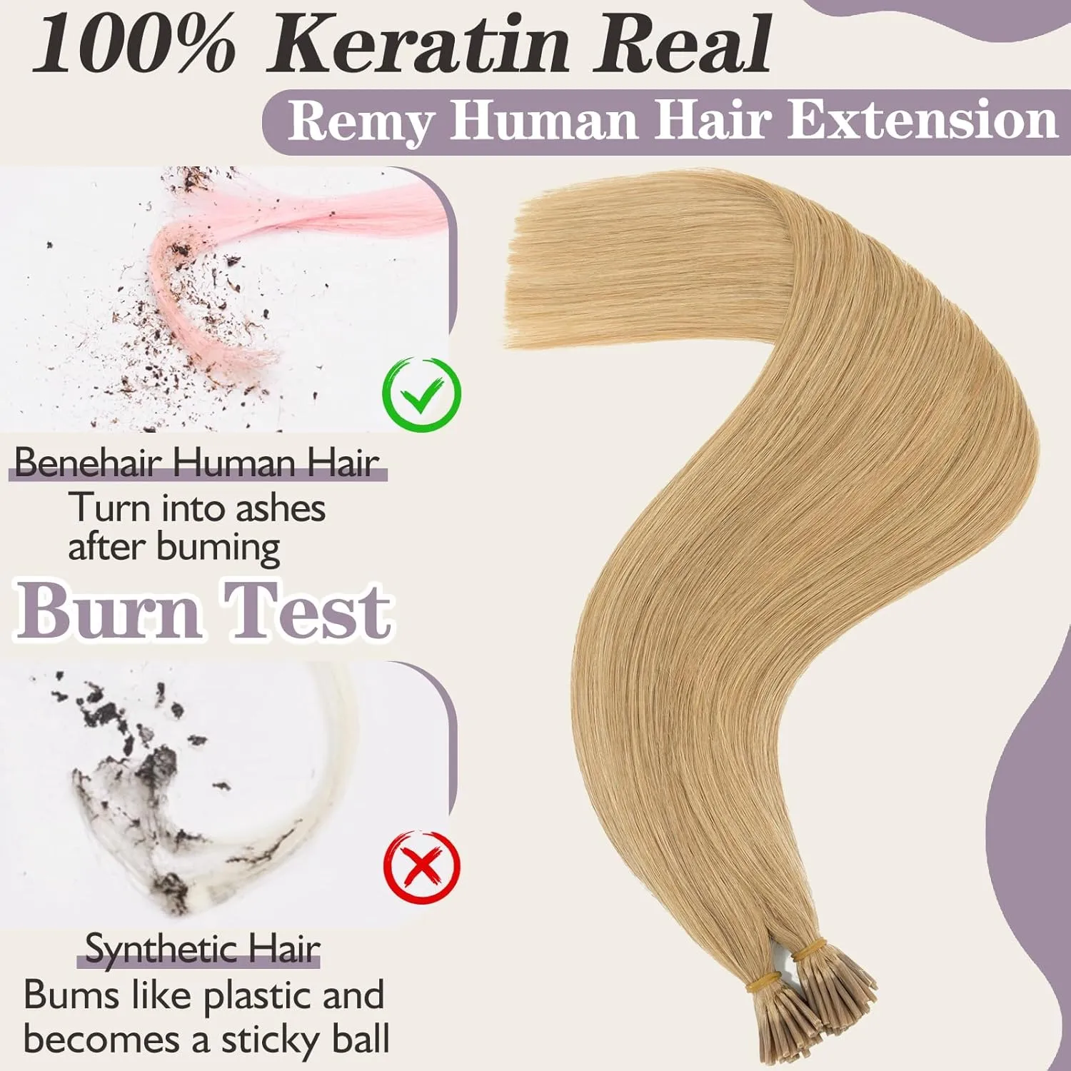 Benehair I Tip Hair Extensions Human Hair Blonde Straight Remy Stick Tip Hair Extensions 16 Inch 1g/s 50g/pack Pre Bonded I Tip Human Hair Extensions for Thinning Hair(#27 Dark Blonde, 16")