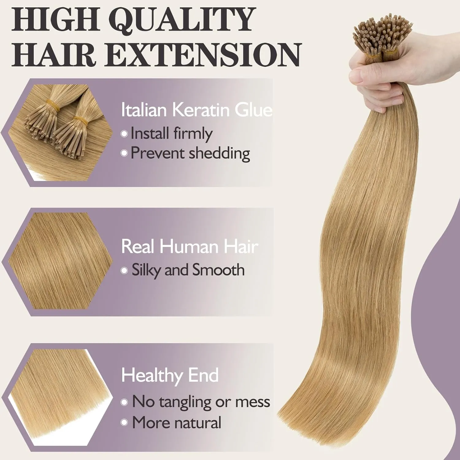 Benehair I Tip Hair Extensions Human Hair Blonde Straight Remy Stick Tip Hair Extensions 16 Inch 1g/s 50g/pack Pre Bonded I Tip Human Hair Extensions for Thinning Hair(#27 Dark Blonde, 16")