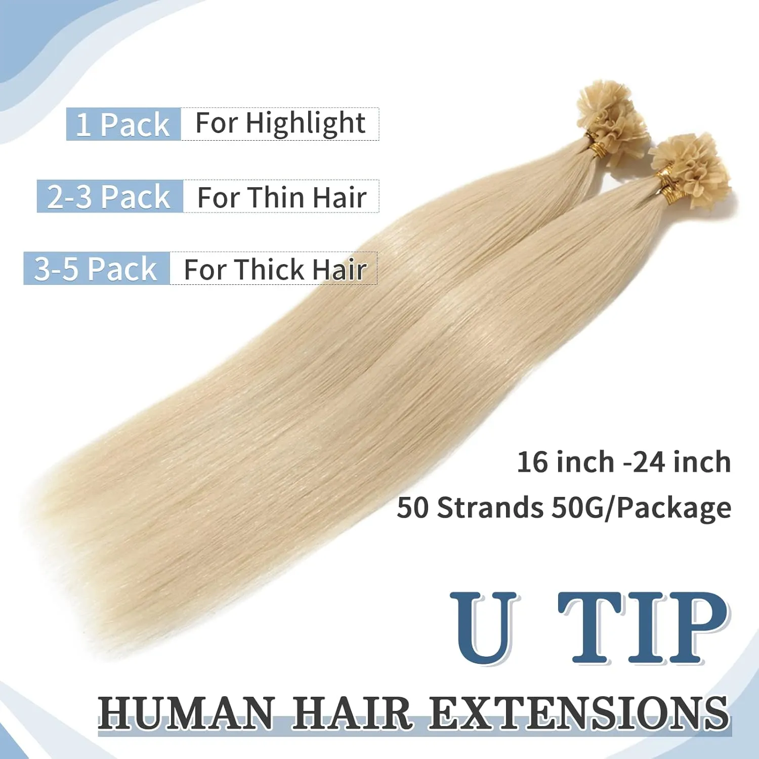 Benehair U Tip Hair Extensions Real Human Hair #60 Platinum Blonde Straight 22 Inch Keratin Hair Extensions Hot Fusion for Women 100 Strands Pre Bonded Silky Invisible Remy Human Hair 50g