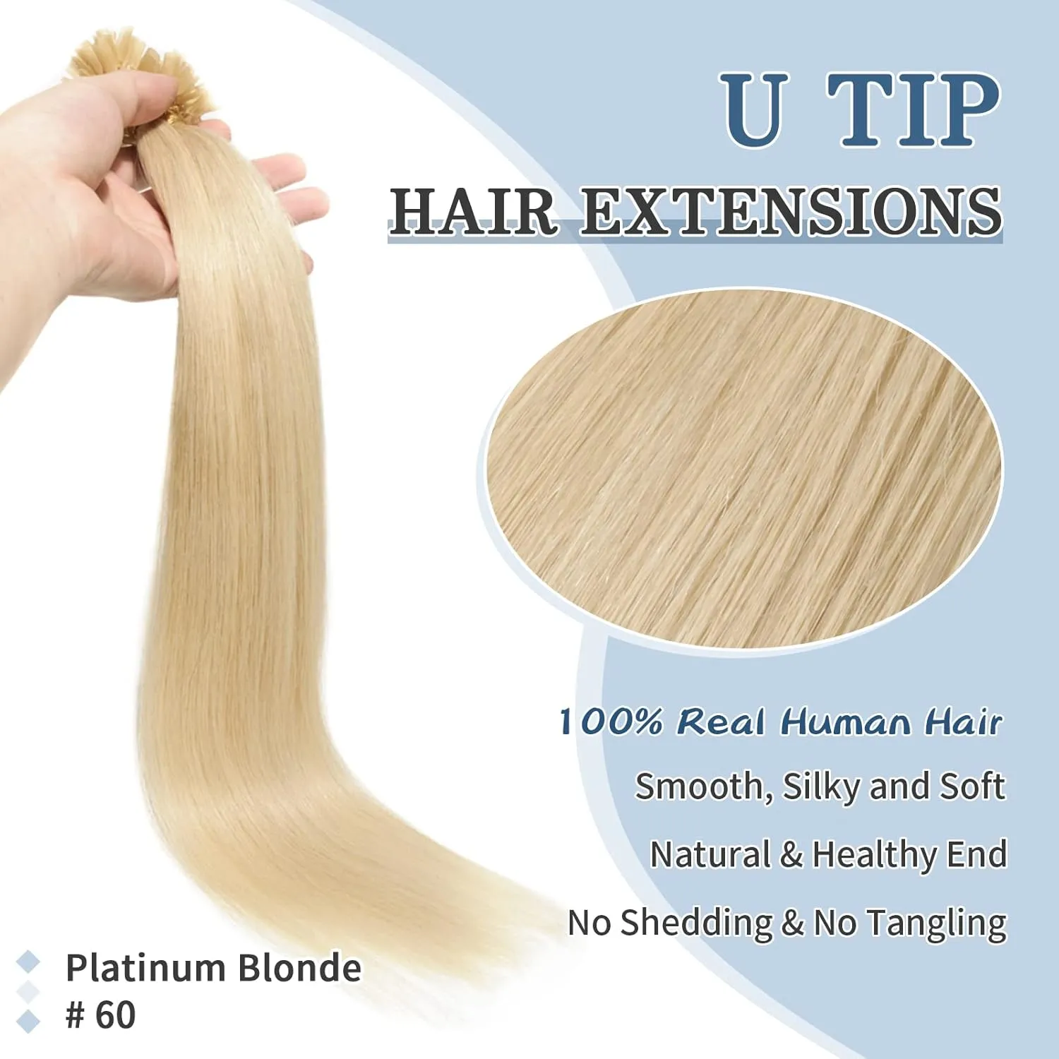 Benehair U Tip Hair Extensions Real Human Hair #60 Platinum Blonde Straight 22 Inch Keratin Hair Extensions Hot Fusion for Women 100 Strands Pre Bonded Silky Invisible Remy Human Hair 50g