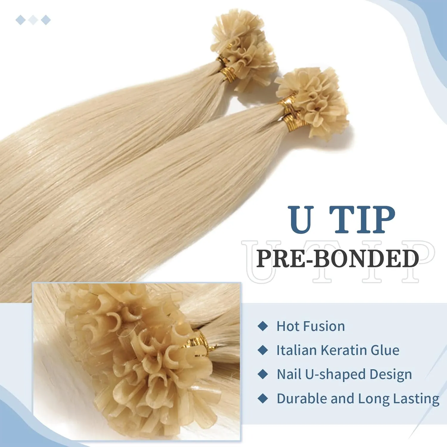 Benehair U Tip Hair Extensions Real Human Hair #60 Platinum Blonde Straight 22 Inch Keratin Hair Extensions Hot Fusion for Women 100 Strands Pre Bonded Silky Invisible Remy Human Hair 50g