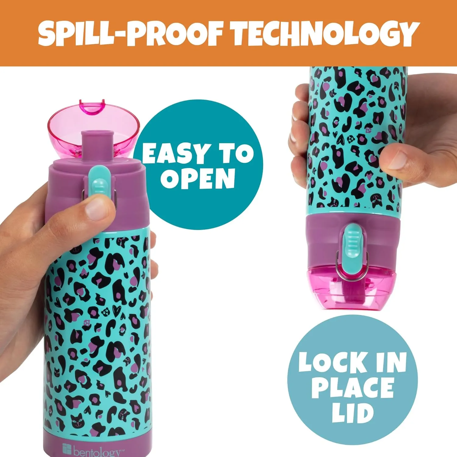 Bentology Stainless Steel 13 oz Reusable Water Bottle for Kids, Cheetah - Double Wall Insulated, Spill Proof Lid w/Built-in Straw- Keep Liquids Hot or Cold For Hours- Fits in Lunch Boxes & Bags
