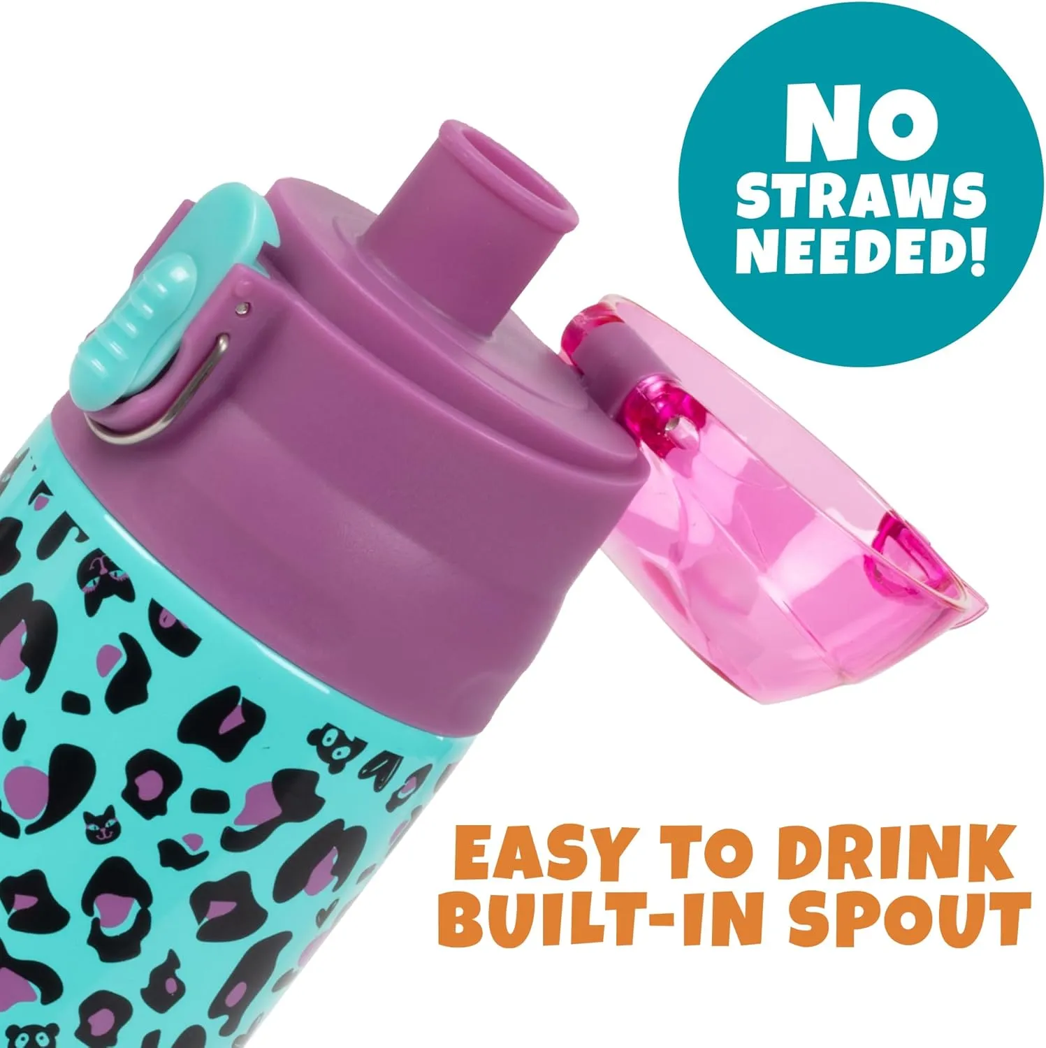 Bentology Stainless Steel 13 oz Reusable Water Bottle for Kids, Cheetah - Double Wall Insulated, Spill Proof Lid w/Built-in Straw- Keep Liquids Hot or Cold For Hours- Fits in Lunch Boxes & Bags