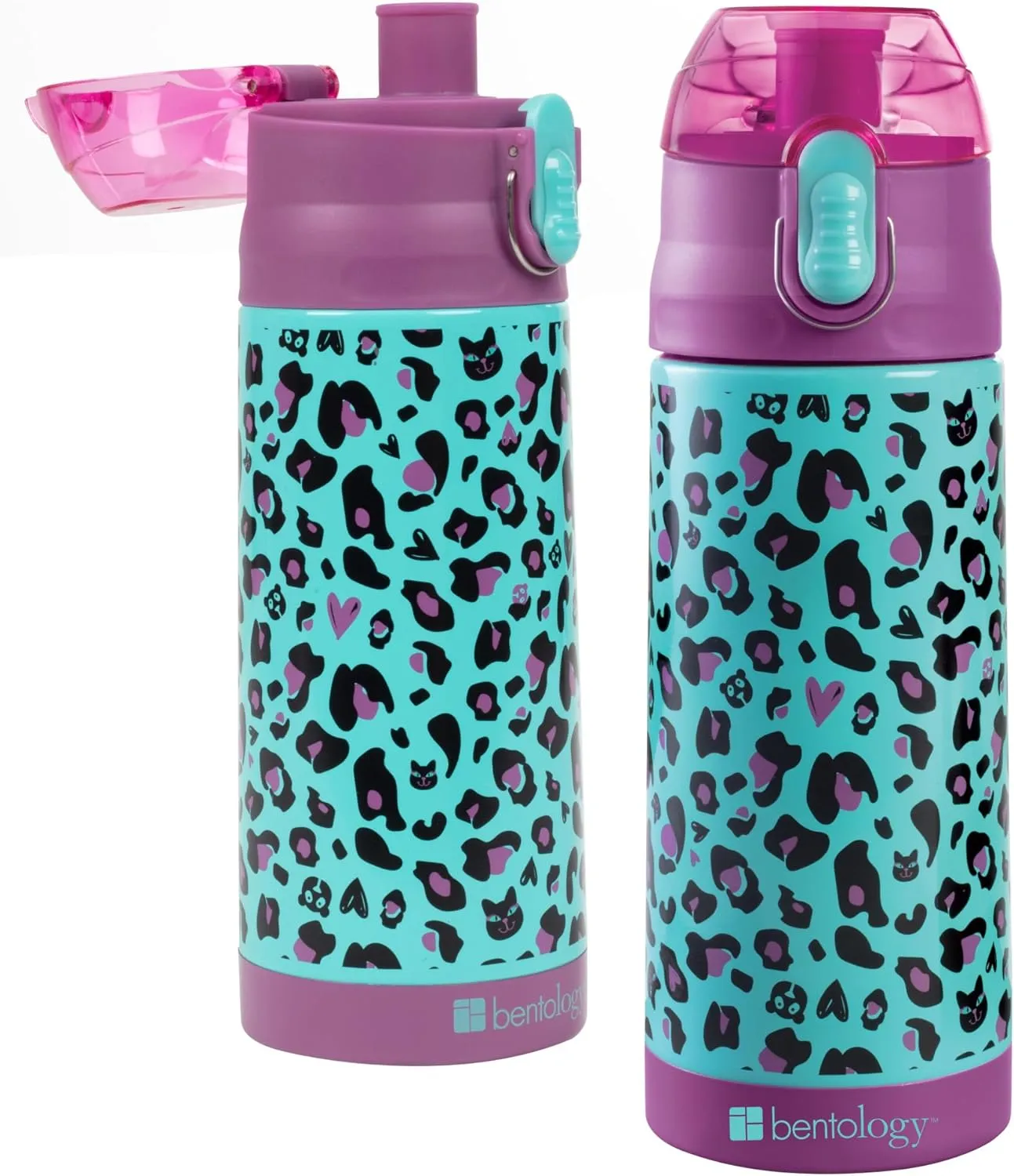Bentology Stainless Steel 13 oz Reusable Water Bottle for Kids, Cheetah - Double Wall Insulated, Spill Proof Lid w/Built-in Straw- Keep Liquids Hot or Cold For Hours- Fits in Lunch Boxes & Bags