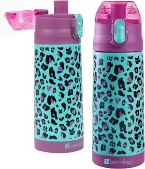 Bentology Stainless Steel 13 oz Reusable Water Bottle for Kids, Cheetah - Double Wall Insulated, Spill Proof Lid w/Built-in Straw- Keep Liquids Hot or Cold For Hours- Fits in Lunch Boxes & Bags
