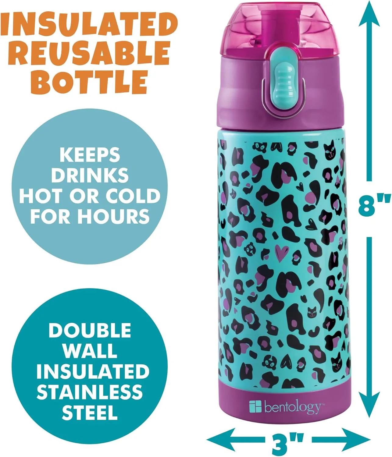 Bentology Stainless Steel 13 oz Reusable Water Bottle for Kids, Cheetah - Double Wall Insulated, Spill Proof Lid w/Built-in Straw- Keep Liquids Hot or Cold For Hours- Fits in Lunch Boxes & Bags