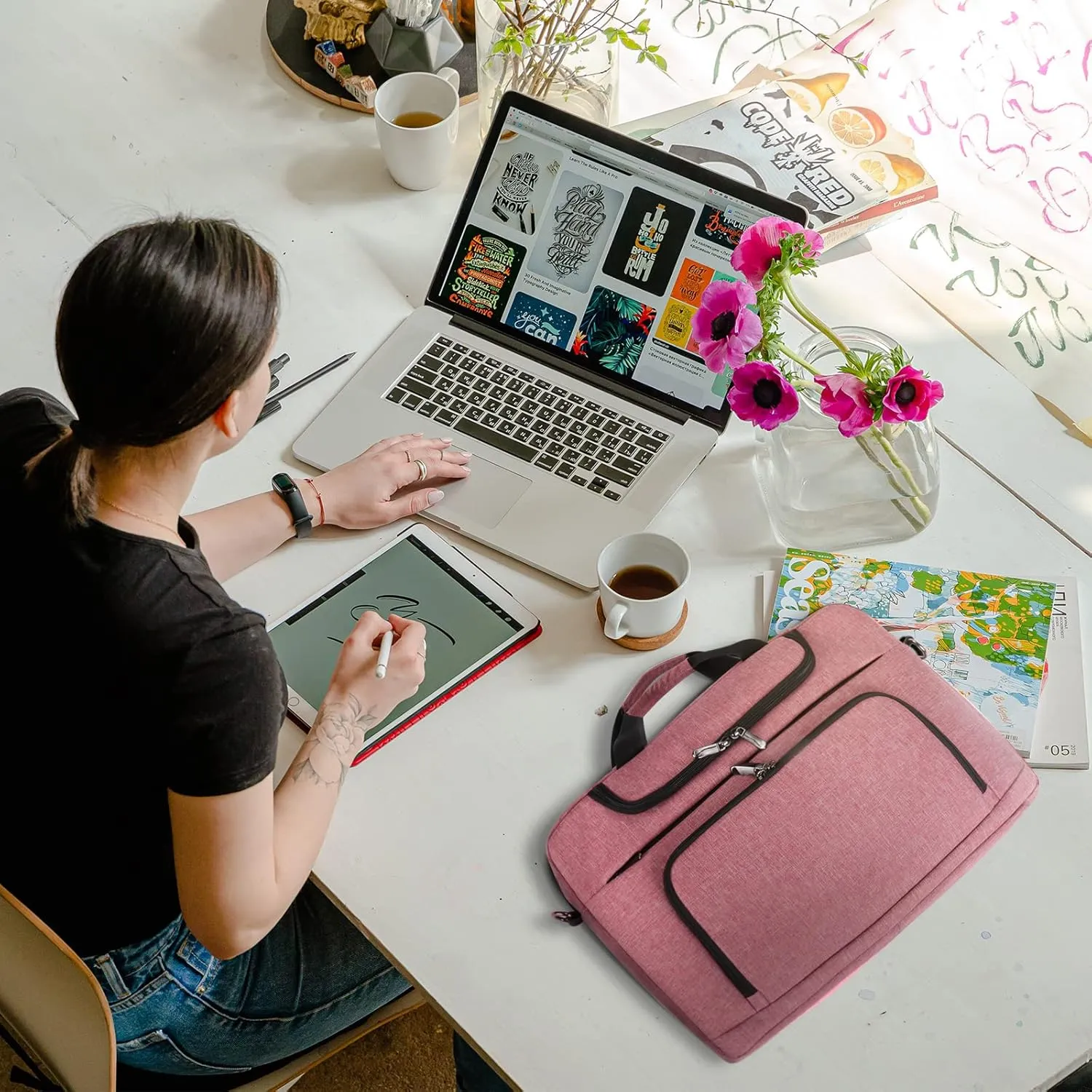 BERTASCHE Laptop Bag 17 17.3 inch for Women Computer Bag Laptop Case for Work Travel Business chromebook bag w/Shoulder Strap,Rose Red