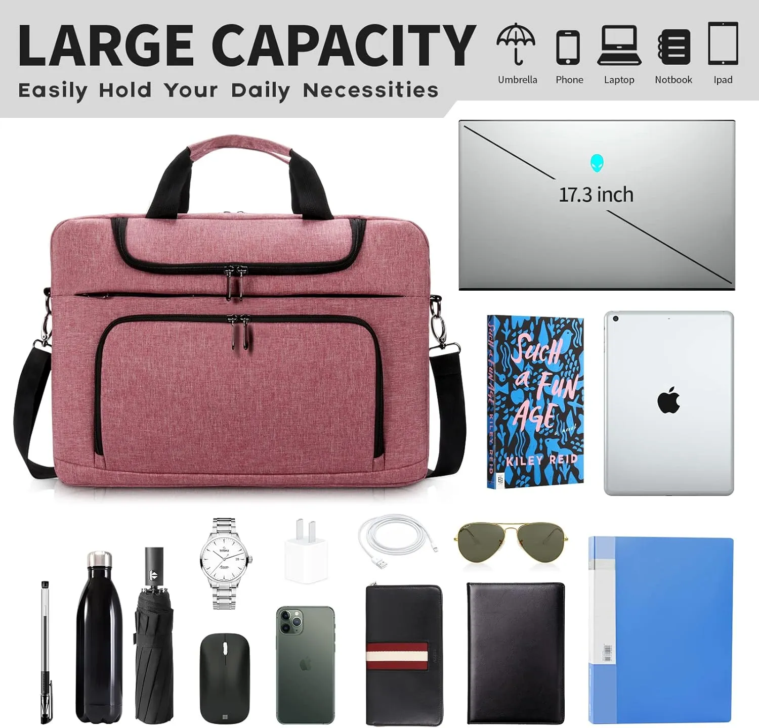 BERTASCHE Laptop Bag 17 17.3 inch for Women Computer Bag Laptop Case for Work Travel Business chromebook bag w/Shoulder Strap,Rose Red