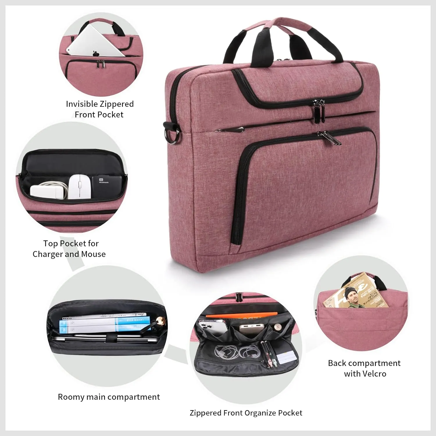 BERTASCHE Laptop Bag 17 17.3 inch for Women Computer Bag Laptop Case for Work Travel Business chromebook bag w/Shoulder Strap,Rose Red