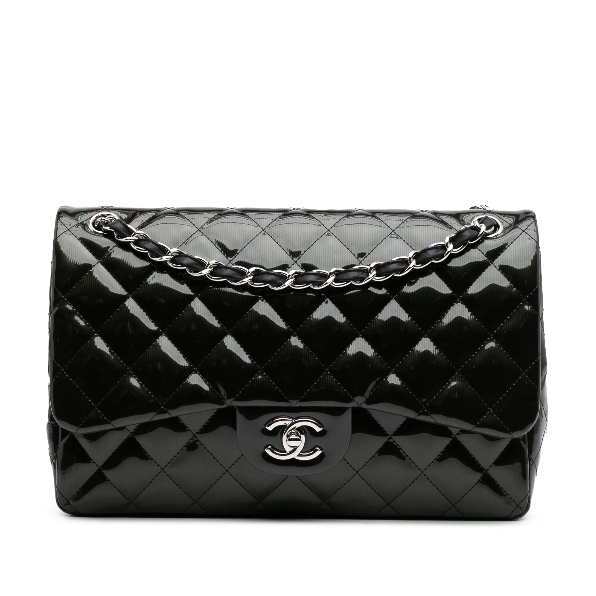 Black Chanel Jumbo Classic Striped Patent Double Flap Shoulder Bag