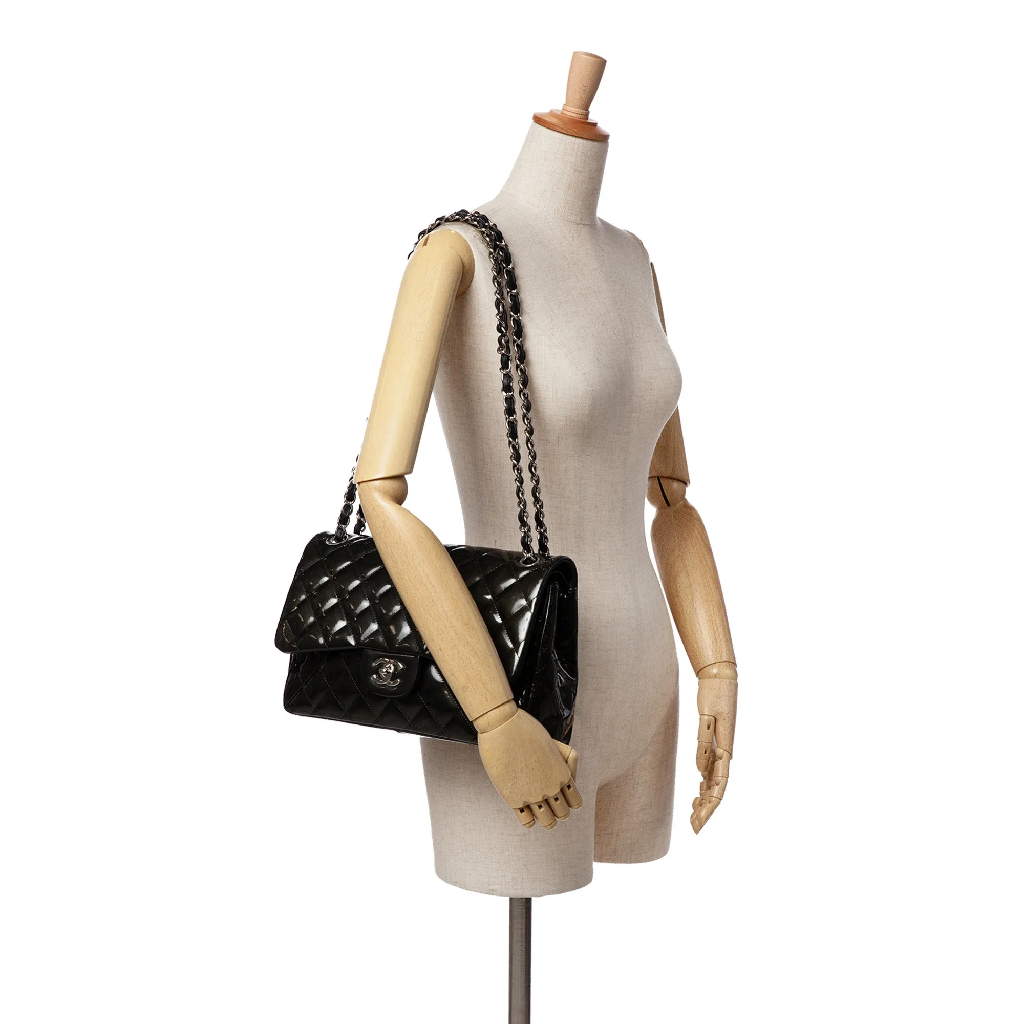 Black Chanel Jumbo Classic Striped Patent Double Flap Shoulder Bag