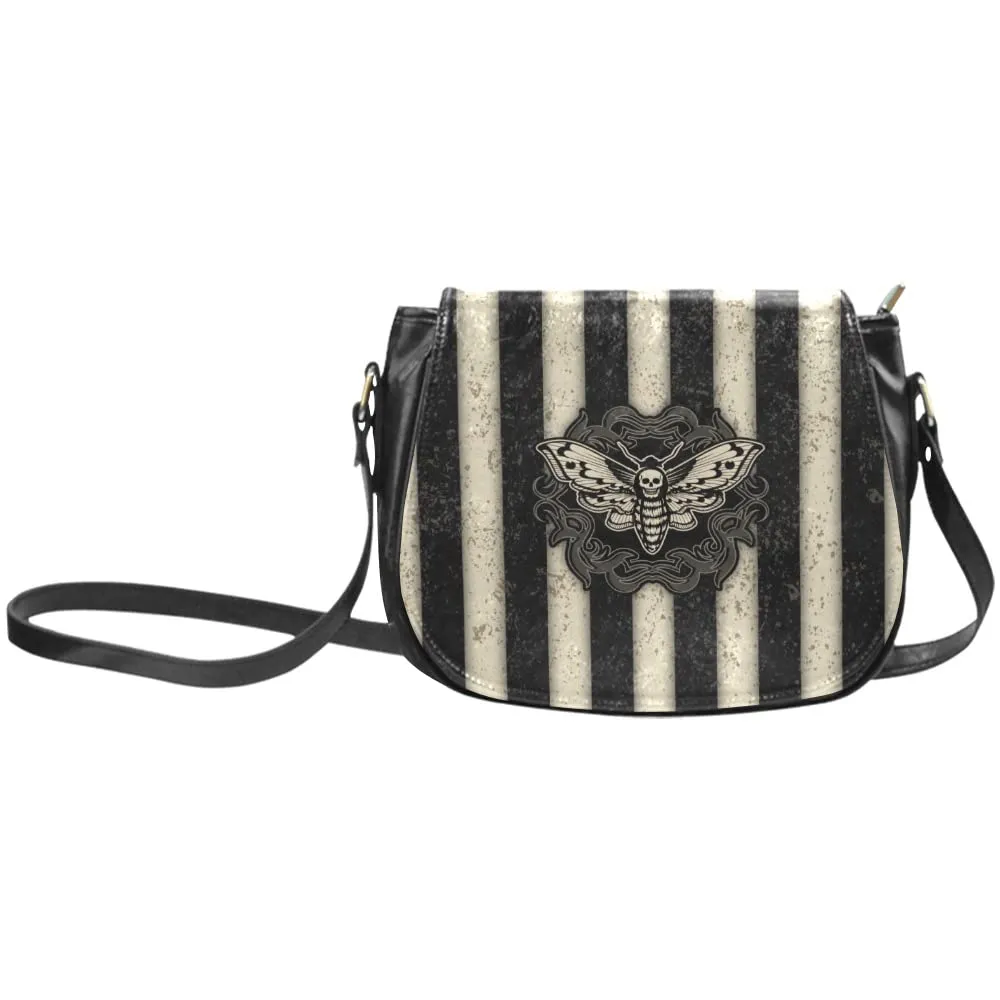 Black Gothic Striped Crossbody Bag with Deaths Head Hawk Moth Cameo
