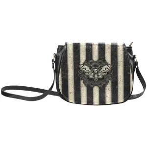 Black Gothic Striped Crossbody Bag with Deaths Head Hawk Moth Cameo