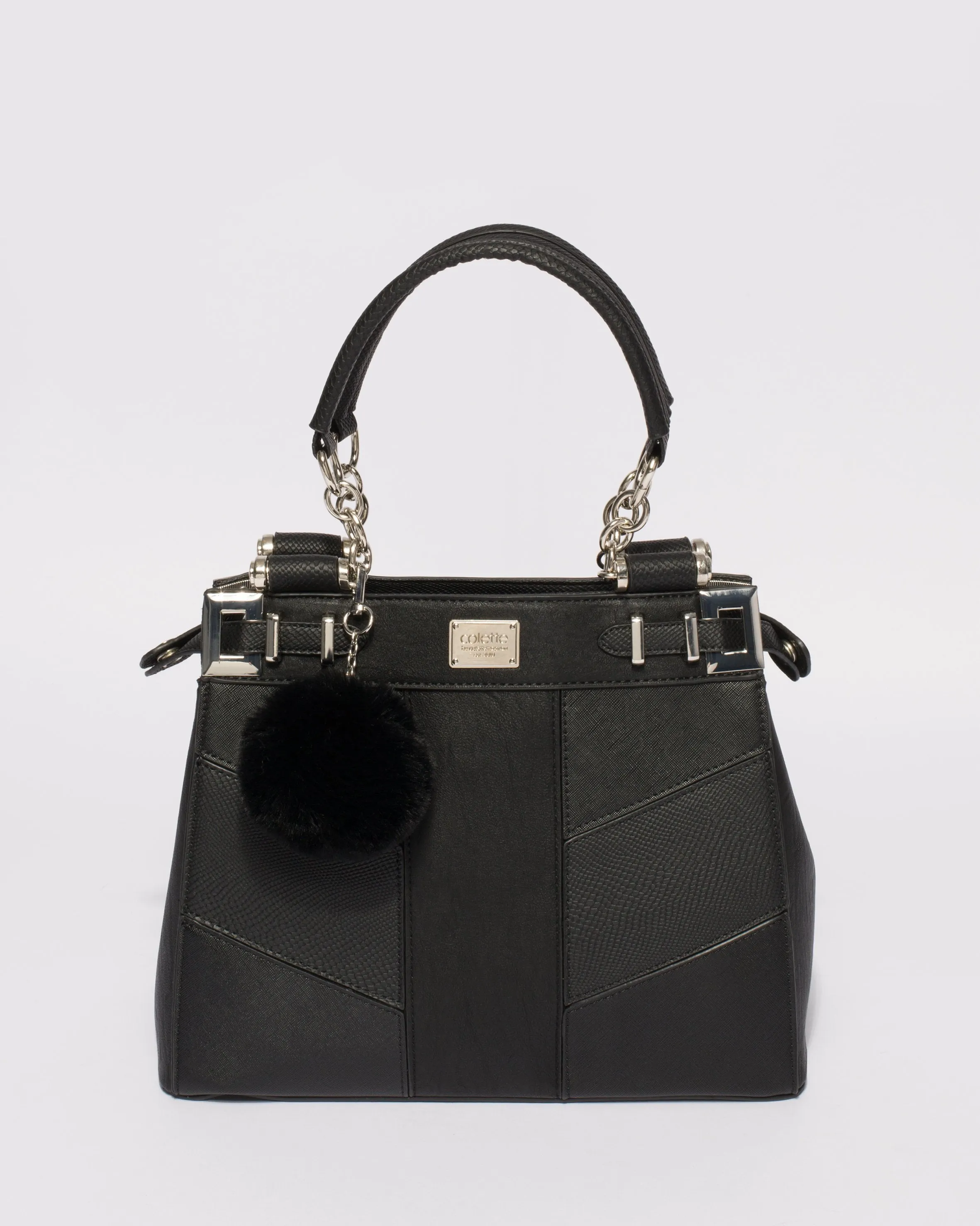 Black Textured Nadine Pom Pom Tote Bag With Silver Hardware
