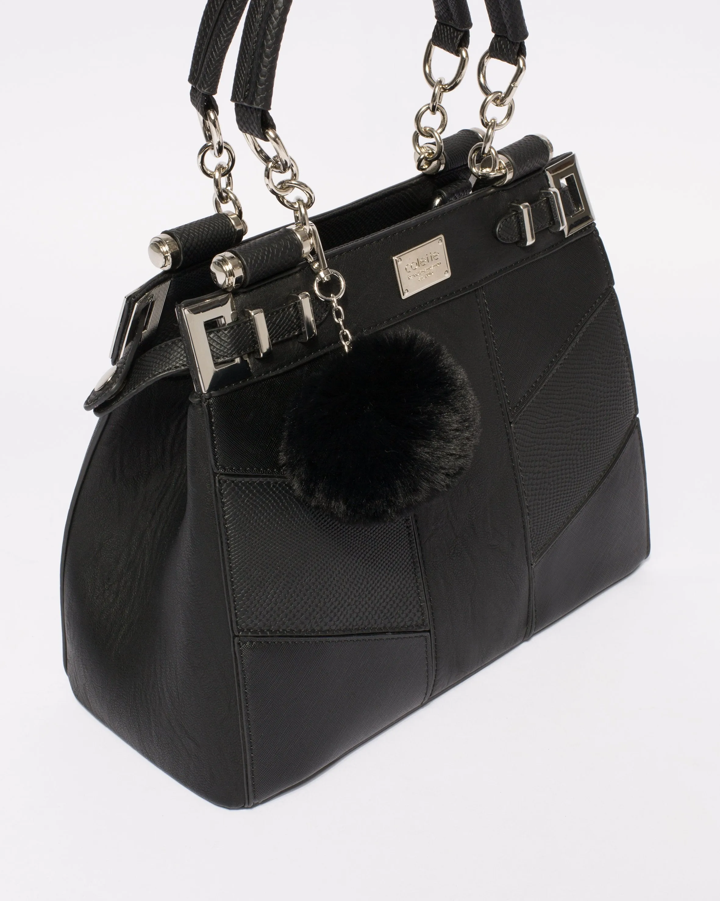 Black Textured Nadine Pom Pom Tote Bag With Silver Hardware