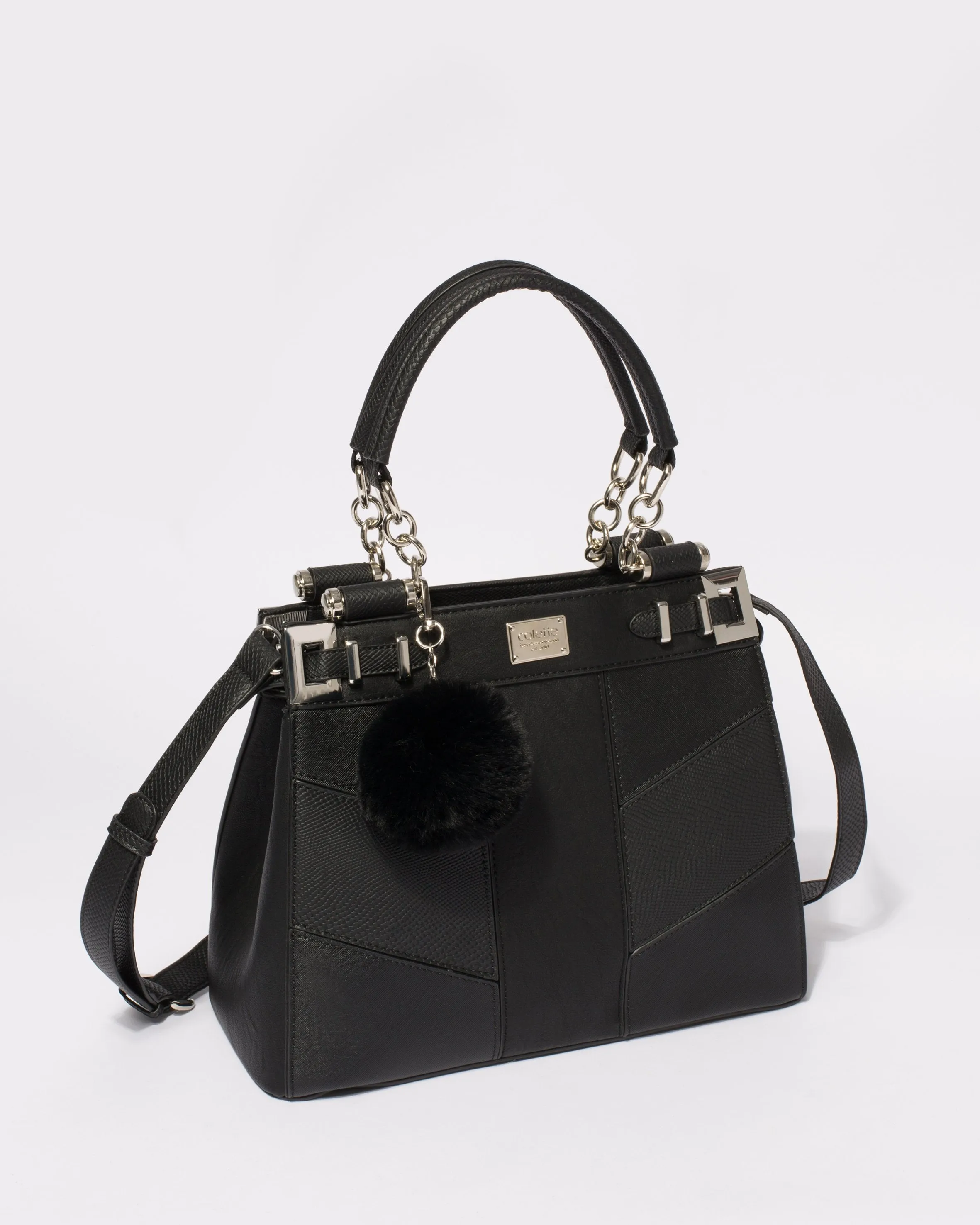 Black Textured Nadine Pom Pom Tote Bag With Silver Hardware