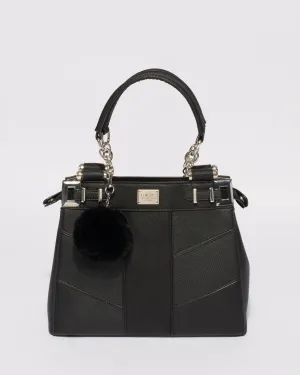 Black Textured Nadine Pom Pom Tote Bag With Silver Hardware