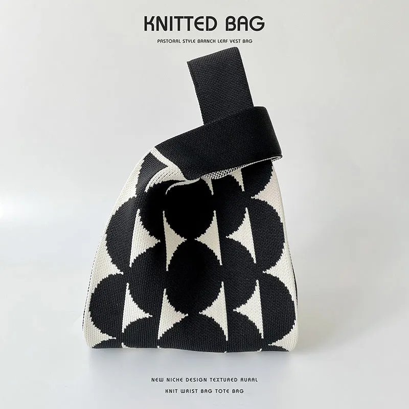 Black White Striped Knitted Hand Holding Versatile Bags
