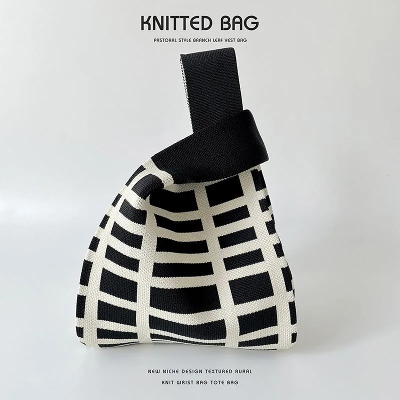 Black White Striped Knitted Hand Holding Versatile Bags