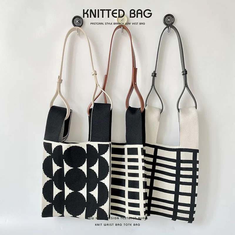 Black White Striped Knitted Hand Holding Versatile Bags