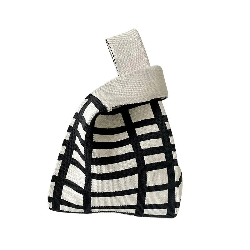 Black White Striped Knitted Hand Holding Versatile Bags