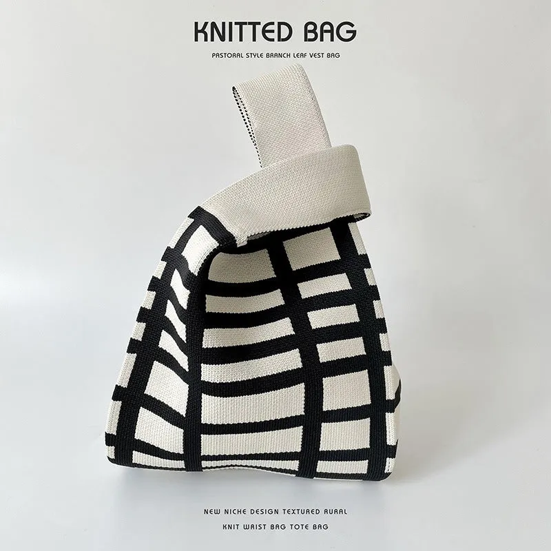 Black White Striped Knitted Hand Holding Versatile Bags