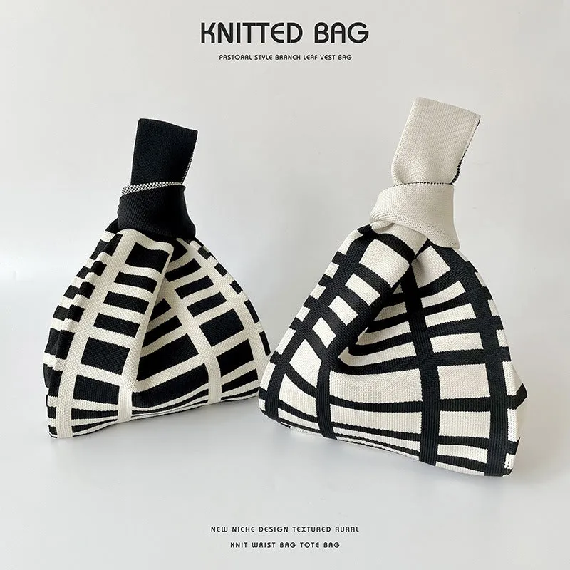 Black White Striped Knitted Hand Holding Versatile Bags