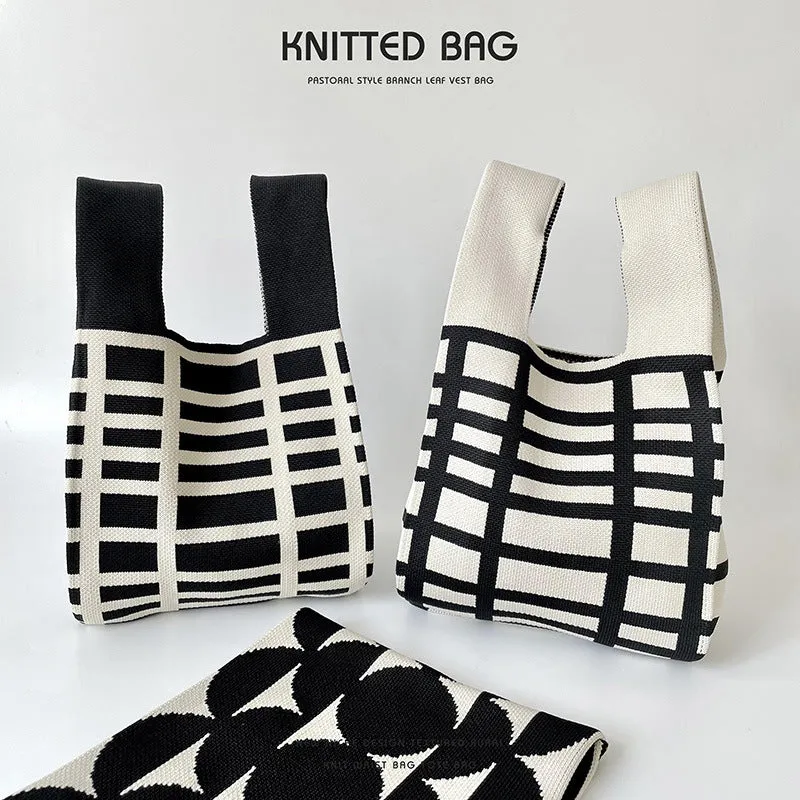 Black White Striped Knitted Hand Holding Versatile Bags