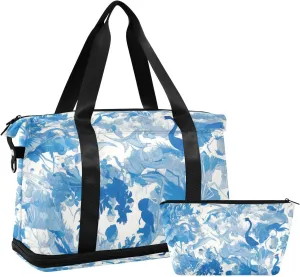 Blue and White Crane Flower Oversized Travel Duffel Bag Carry On Tote Bag with Toiletry Bag for Hiking 2 Pcs Set