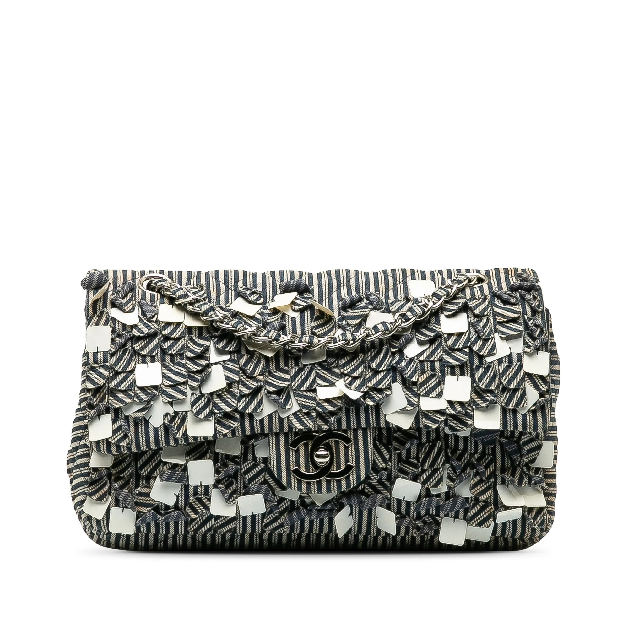 Blue Chanel Medium Cotton Striped Double Flap Shoulder Bag