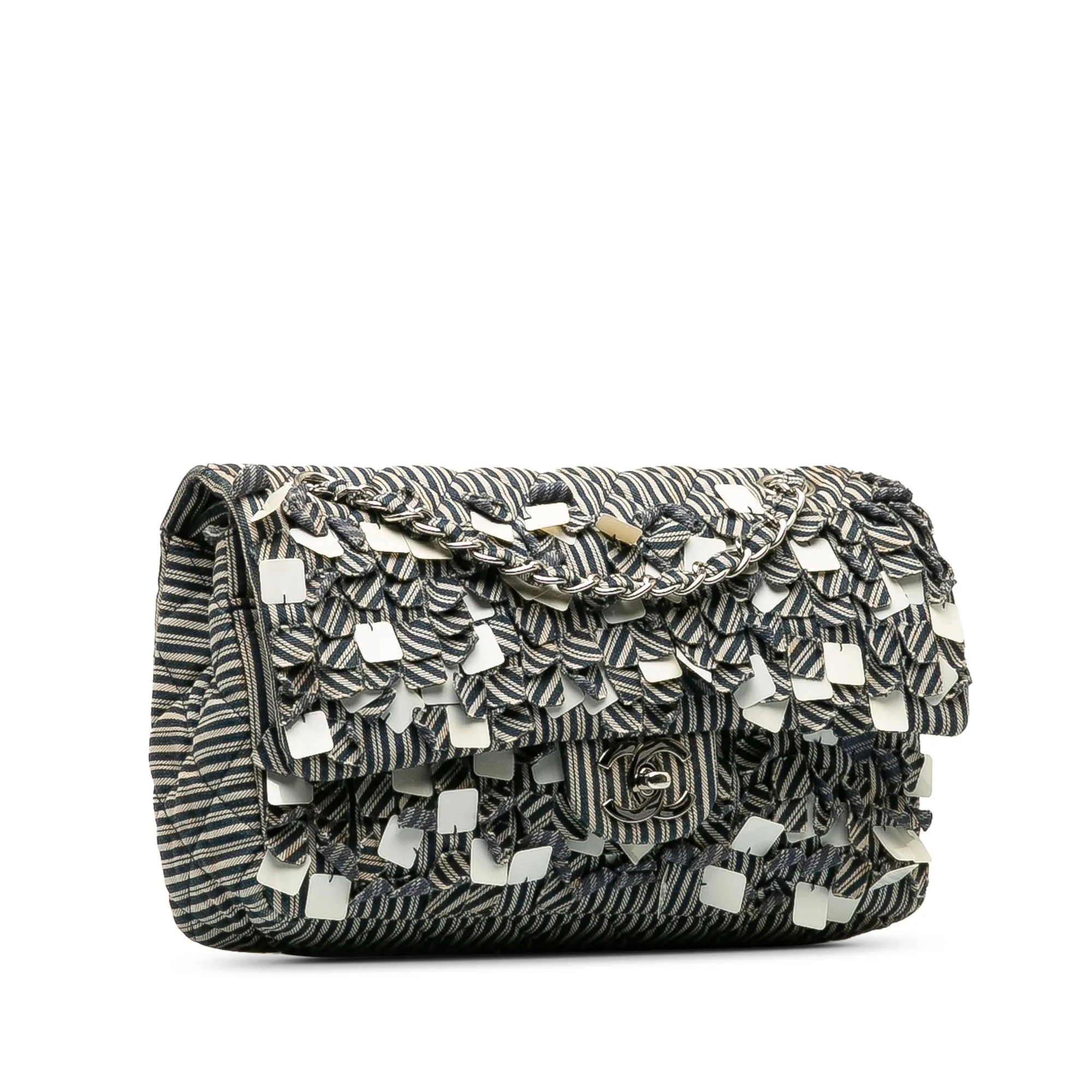 Blue Chanel Medium Cotton Striped Double Flap Shoulder Bag