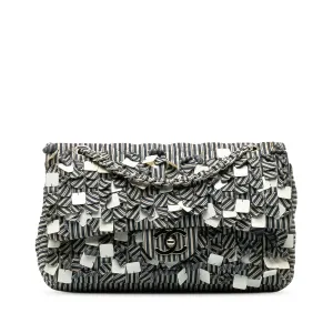 Blue Chanel Medium Cotton Striped Double Flap Shoulder Bag