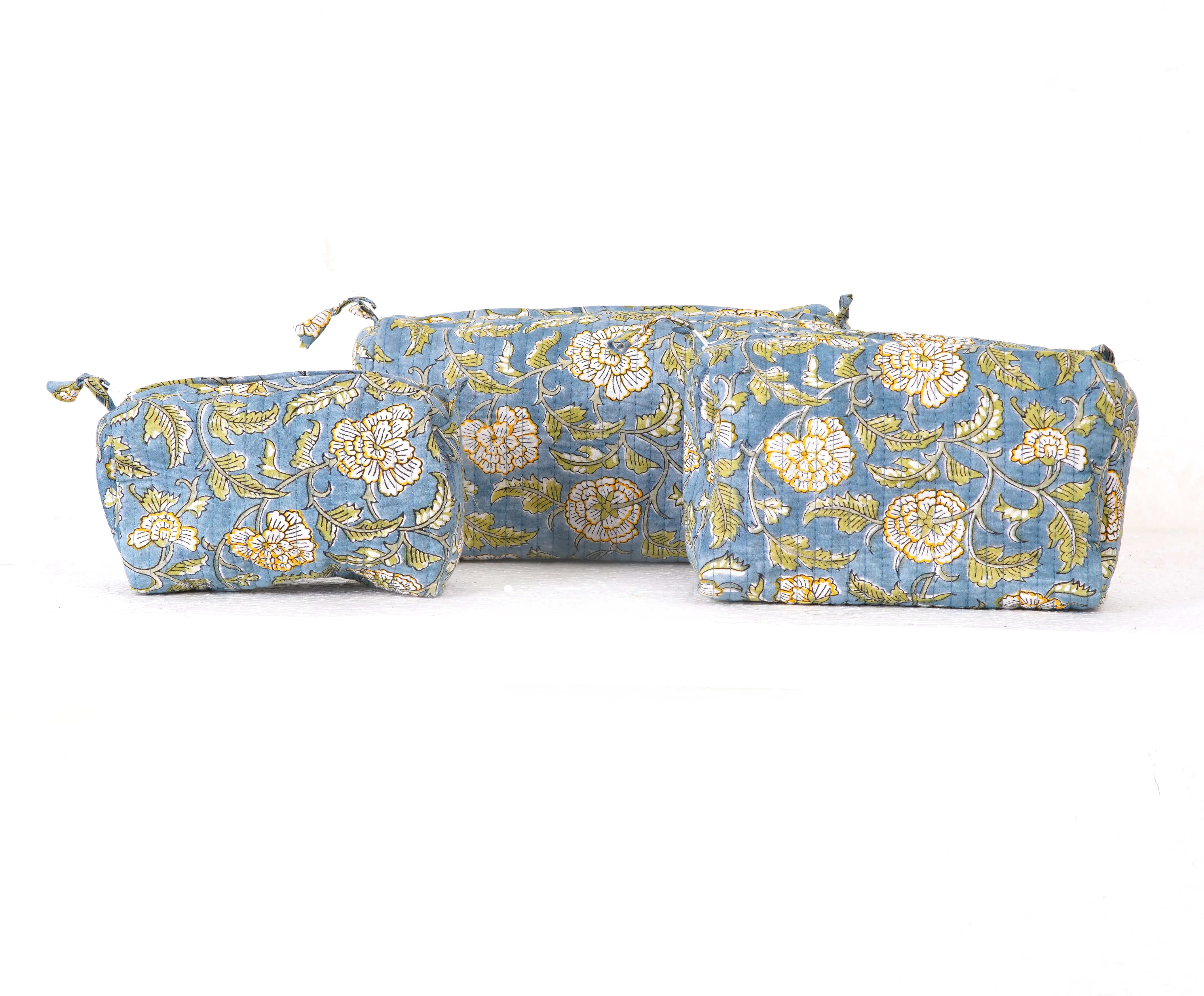 Blue Meadow Quilted Toiletry Pouch Set – Hand Block Printed (Set of 3)