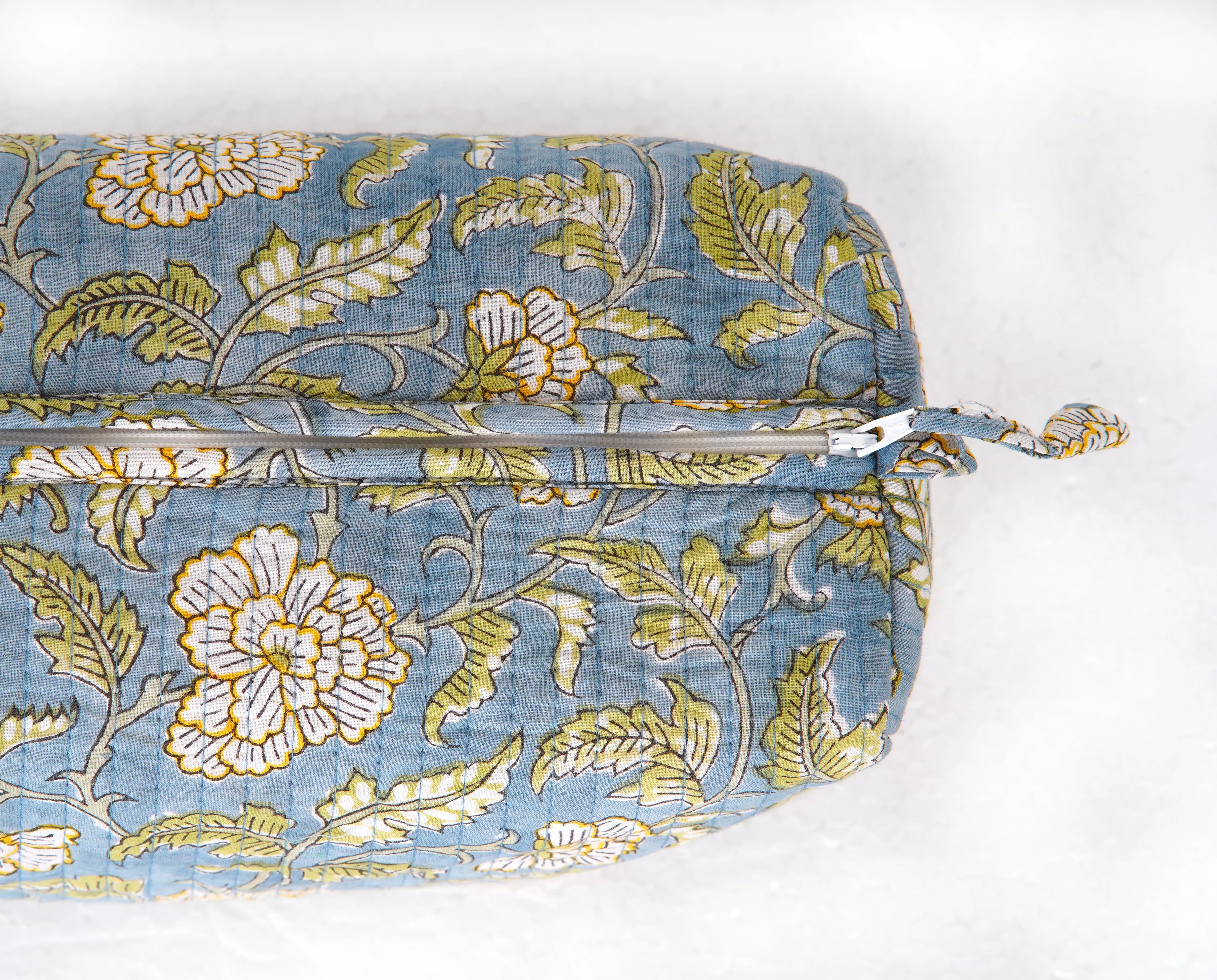 Blue Meadow Quilted Toiletry Pouch Set – Hand Block Printed (Set of 3)